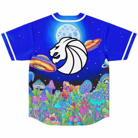 Back view of psychedelic rave jersey with white lion emblem under full moon and UFOs