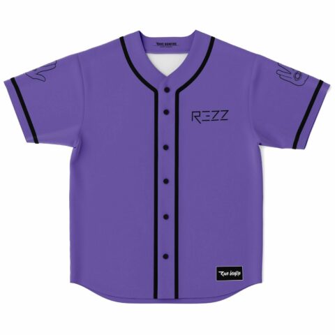 Purple rave baseball jersey with REZZ wordmark and black button placket front view