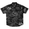 Black button-down shirt with white line-art dragon and wave print, front view