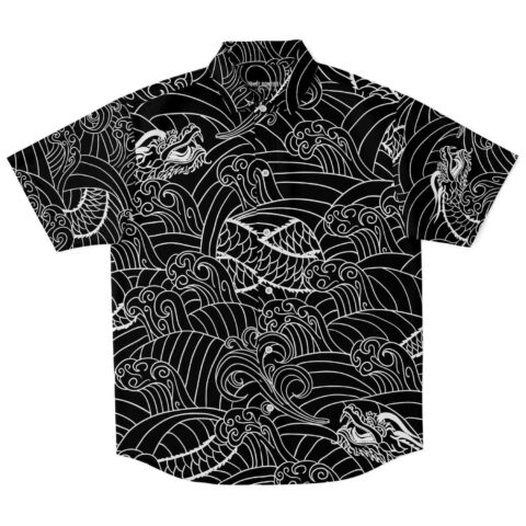 Black button-down shirt with white line-art dragon and wave print, front view