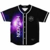 Galaxy split rave baseball jersey with Hexagon text and anarchy logo, front view