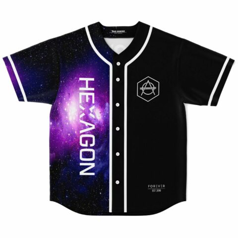 Galaxy split rave baseball jersey with Hexagon text and anarchy logo, front view
