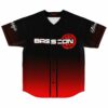 Black and red gradient bass rave baseball jersey with bass-inspired text, front