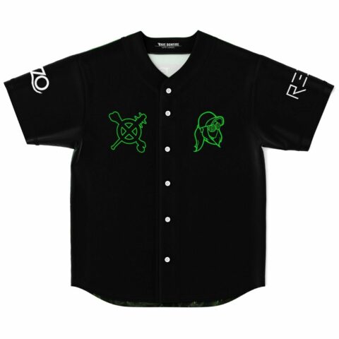 Black rave baseball jersey with neon green skull and headphone girl graphic front view