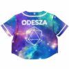Back view of galaxy rave crop top with colorful cosmic design and text