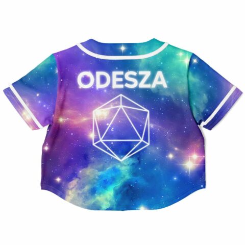Back view of rave crop top with colorful cosmic design and text