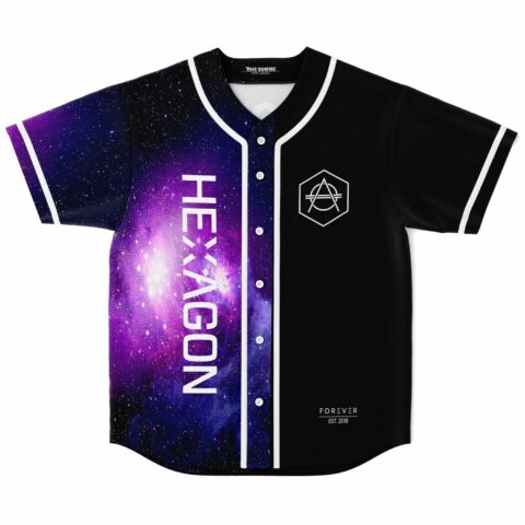 front view of purple galaxy print baseball jersey split with black hexagon logo side