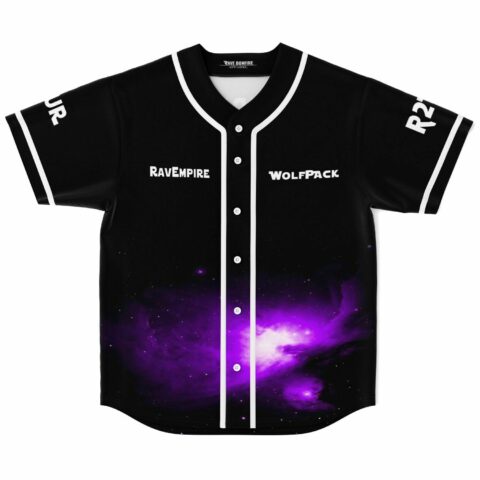 Purple galaxy nebula rave baseball jersey with RavEmpire and WolfPack text front view