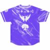 Purple festival-themed jersey back with tree symbol and cryptic glyphs above wings