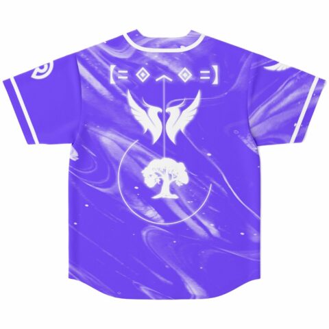 Purple festival-themed jersey back with tree symbol and cryptic glyphs above wings