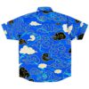Back view of the blue rave button-down shirt with the detailed cloud design