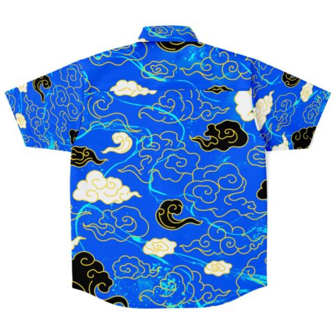 Blue short sleeve button-down shirt with detailed cloud design, back view.
