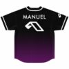 Back view of the Above & Beyond fan rave baseball jersey with a custom name and the arrow emblem on the purple fade