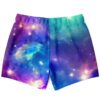 Galaxy print swim trunks back view showing mirrored teal and purple starfield design