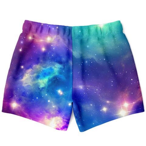 Galaxy print swim trunks back view showing mirrored teal and purple starfield design