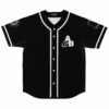 Black baseball jersey with white A&B logo and sun tattoo sleeve art, front view