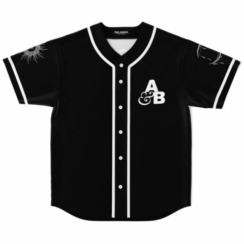 Black baseball jersey with white A&B logo and sun tattoo sleeve art, front view