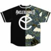 Back view of split jersey with Amsterdamned text over black and cloud swirl print