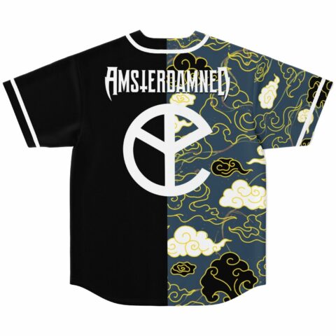 Back view of split jersey with Amsterdamned text over black and cloud swirl print