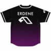 Above & Beyond A&B fan rave baseball jersey, black to purple ombre, back view with a custom name and arrow logo print