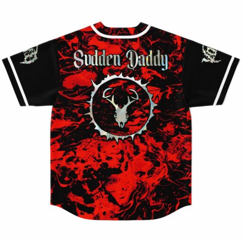 back view showing red and black marble print with Sudden Daddy text and skull emblem