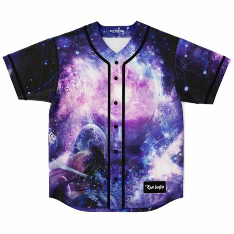 Cosmic meditating figure baseball jersey with purple galaxy print and black button placket, front view