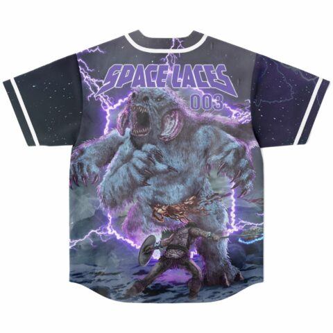 Back view showing warrior battling giant beast under purple lightning with Space Laces 003 text
