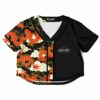 Black dragon rave crop top with vibrant dragon and cloud design, front view