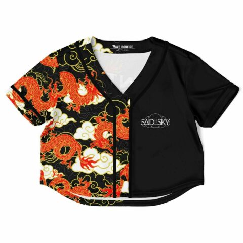 Black rave crop top with vibrant dragon and cloud design, front view