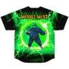 Wobble Wubz text above cartoon-style bass creature back view on green lightning jersey