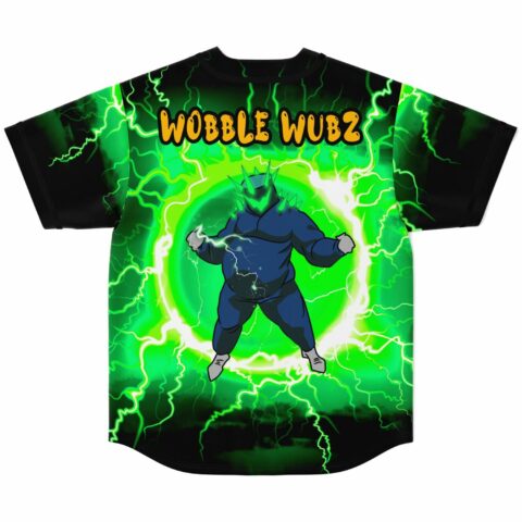 Wobble Wubz text above cartoon-style bass creature back view on green lightning jersey