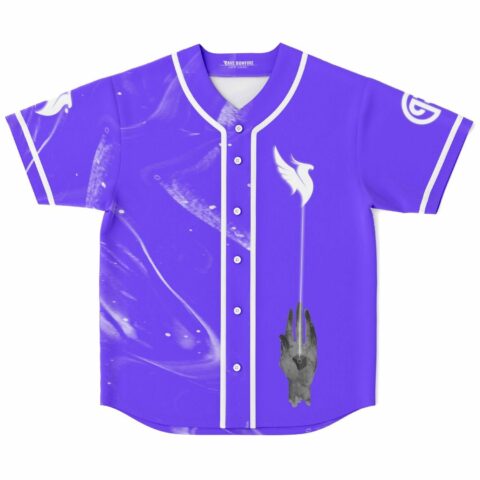 Purple rave baseball jersey with white phoenix and glowing hand design front view