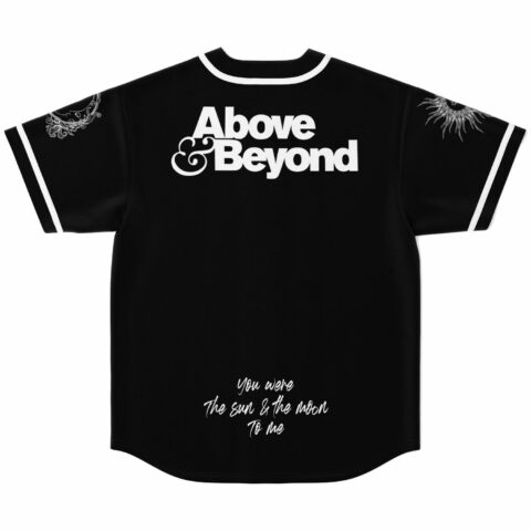 Black rave jersey back view with Above & Beyond text, sun and moon lyric print