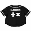 Black striped rave crop top back view with bold graphics and decorative symbols