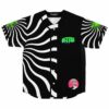 Black and white optical spiral rave baseball jersey with green splatter sleeves front view