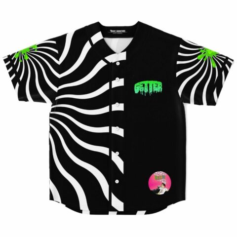 Black and white optical spiral rave baseball jersey with green splatter sleeves front view