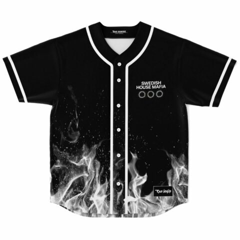 Black baseball jersey with white flame print and three ring logo text reading Swedish House