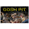 Gosh Pit meme flag with repeated curly-haired face collaged over a crowd photo