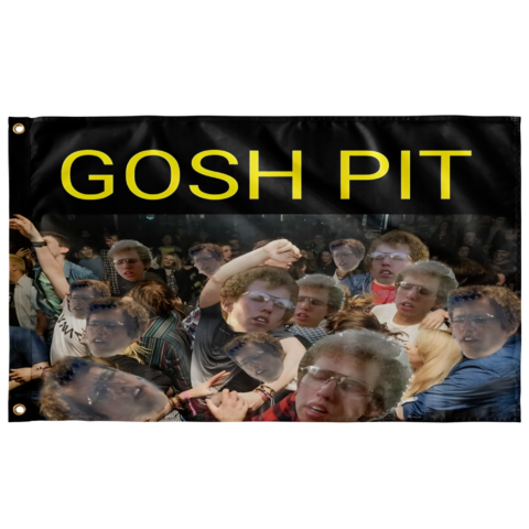 Gosh Pit meme flag with repeated curly-haired face collaged over a crowd photo