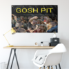 Gosh Pit rave flag hung above desk with yellow lamp and white chair