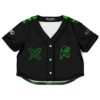 Black and green rave crop top with green accents and graphic designs, front view