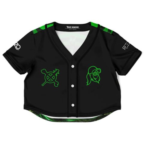 Black rave crop top with green accents and graphic designs