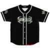 black rave baseball jersey with holographic Svddendeath text front view flat lay