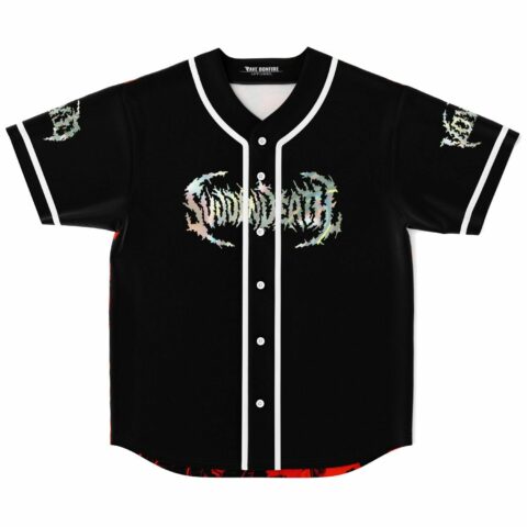 black rave baseball jersey with holographic Svddendeath text front view flat lay