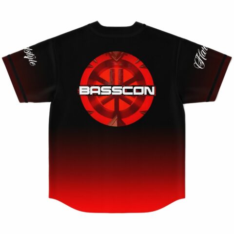 Black custom jersey back with red bass-themed logo