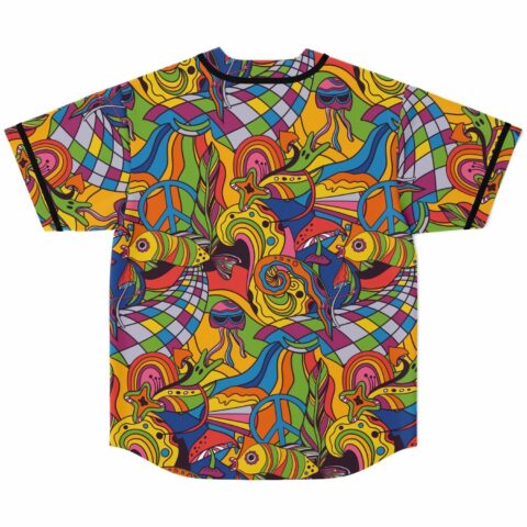 Back view of 60s psychedelic rave jersey showing trippy jellyfish and rainbow swirl pattern