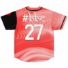 Back view of coral swirl baseball jersey showing #bbc text and number 27