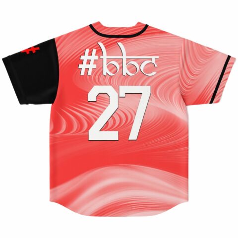 Back view of coral swirl baseball jersey showing #bbc text and number 27