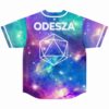 Back view of galaxy print baseball jersey with bold ODESZA text over starry nebula design