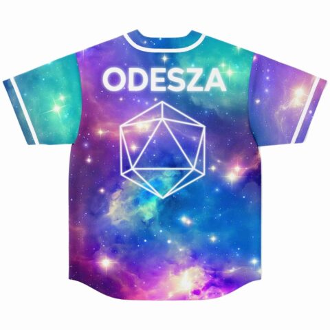 Back view of galaxy print baseball jersey with bold ODESZA text over starry nebula design